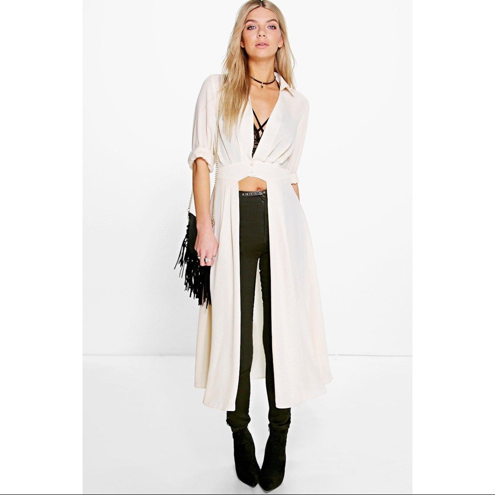 Boohoo Full Length Duster with Buttoned Waist